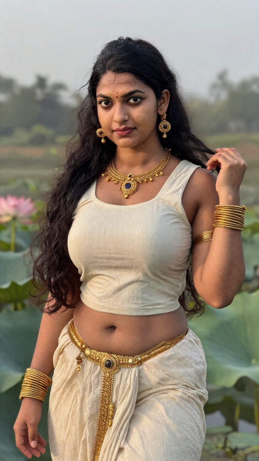 Ultra-realistic modern Goddess Lakshmi portrait,  same divine identity,  photographed outdoors in a serene lotus garden du...