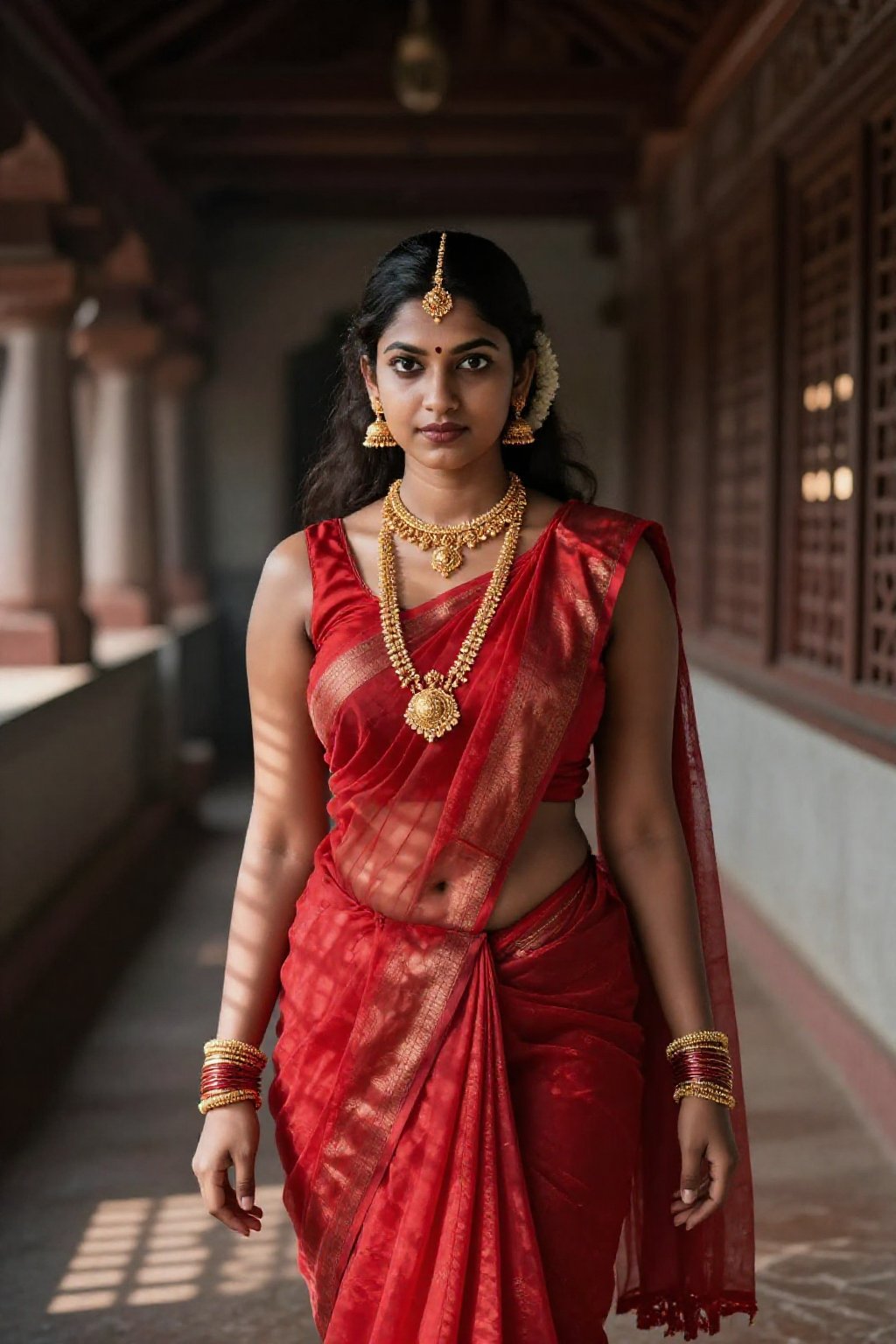 A young,  rich woman in a luxurious red pattu saree standing in the dimly lit corridor of an ancient Kerala palace. The tr...