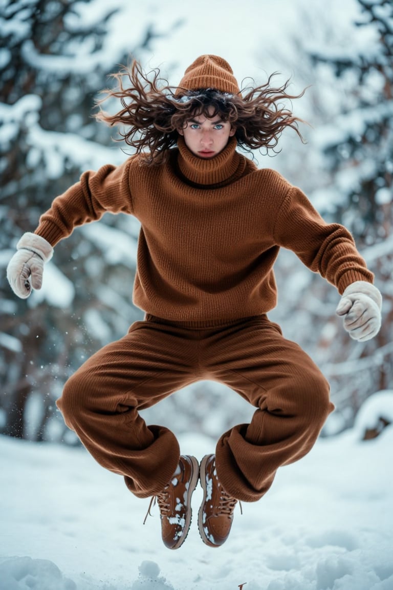 The image shows a person standing outdoors in a snowy environment. The individual is wearing a large,  brown,  knitted tur...