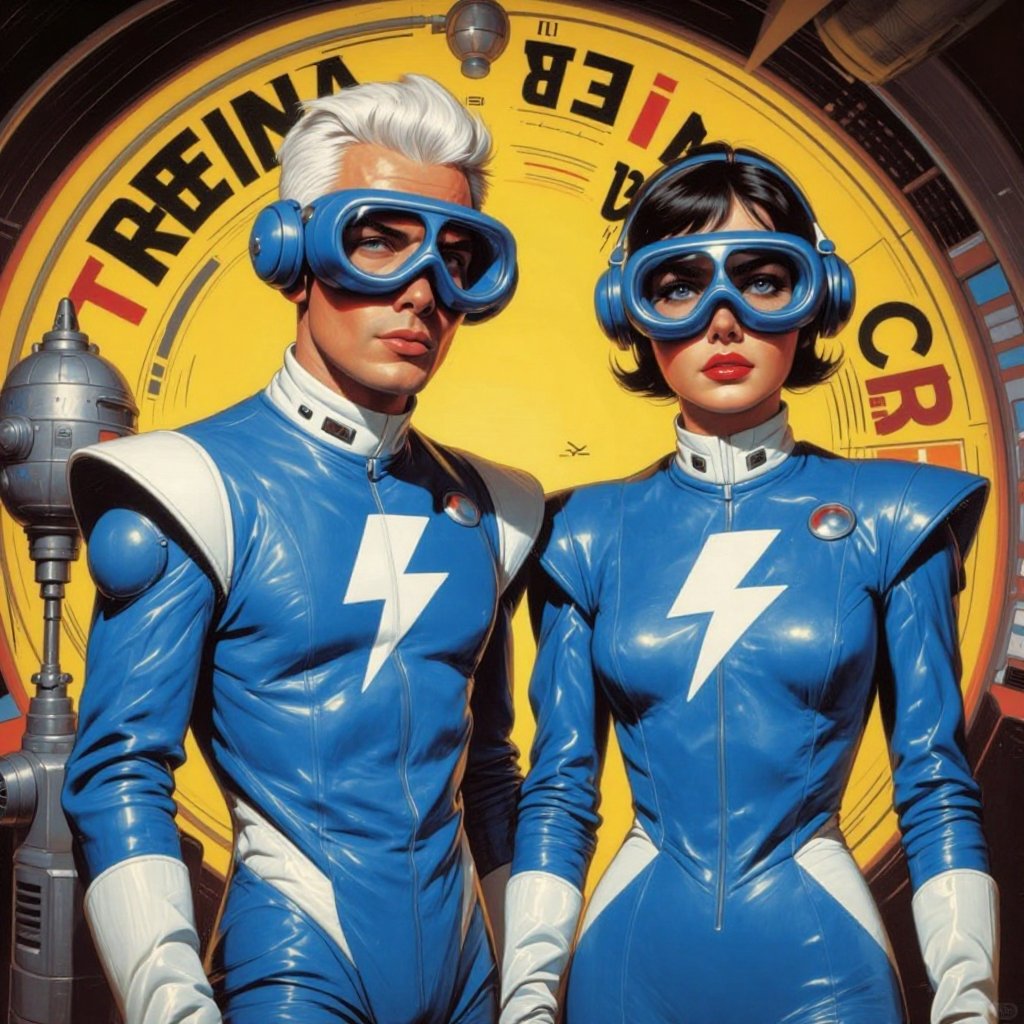 The image depicts two individuals wearing futuristic blue suits with white accents and a lightning bolt symbol on the ches...