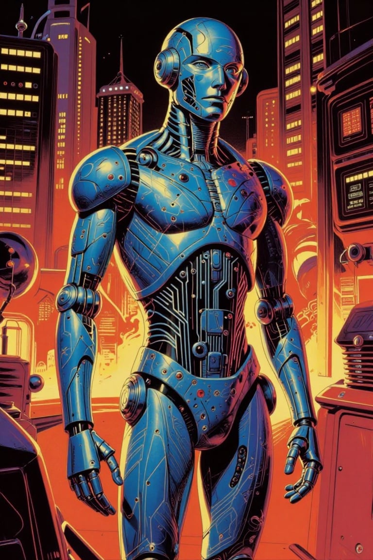 The image depicts a humanoid robot standing in an urban environment at night. The robot is adorned with intricate circuitr...