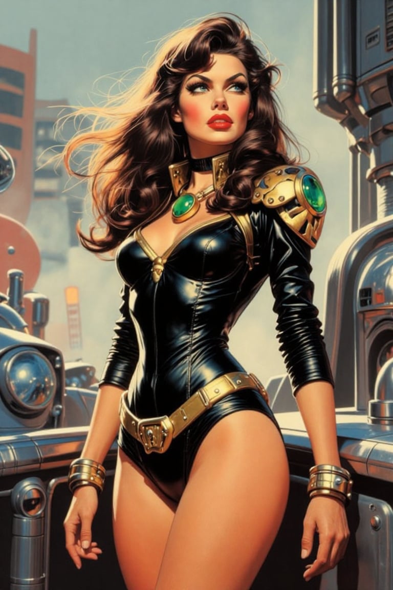 The image depicts a female character with long,  flowing brown hair. She is wearing a black,  form-fitting bodysuit with g...