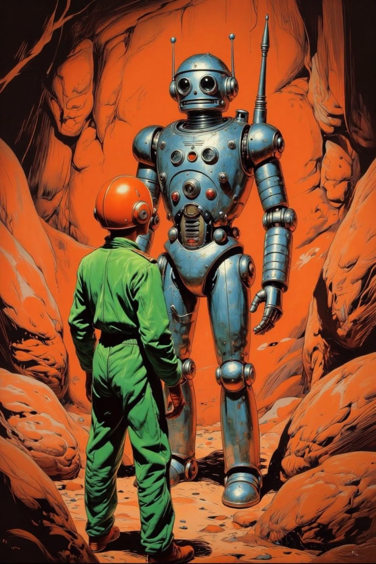 The image depicts a scene with a humanoid robot standing in a rocky,  cavernous environment. The robot is metallic with a...