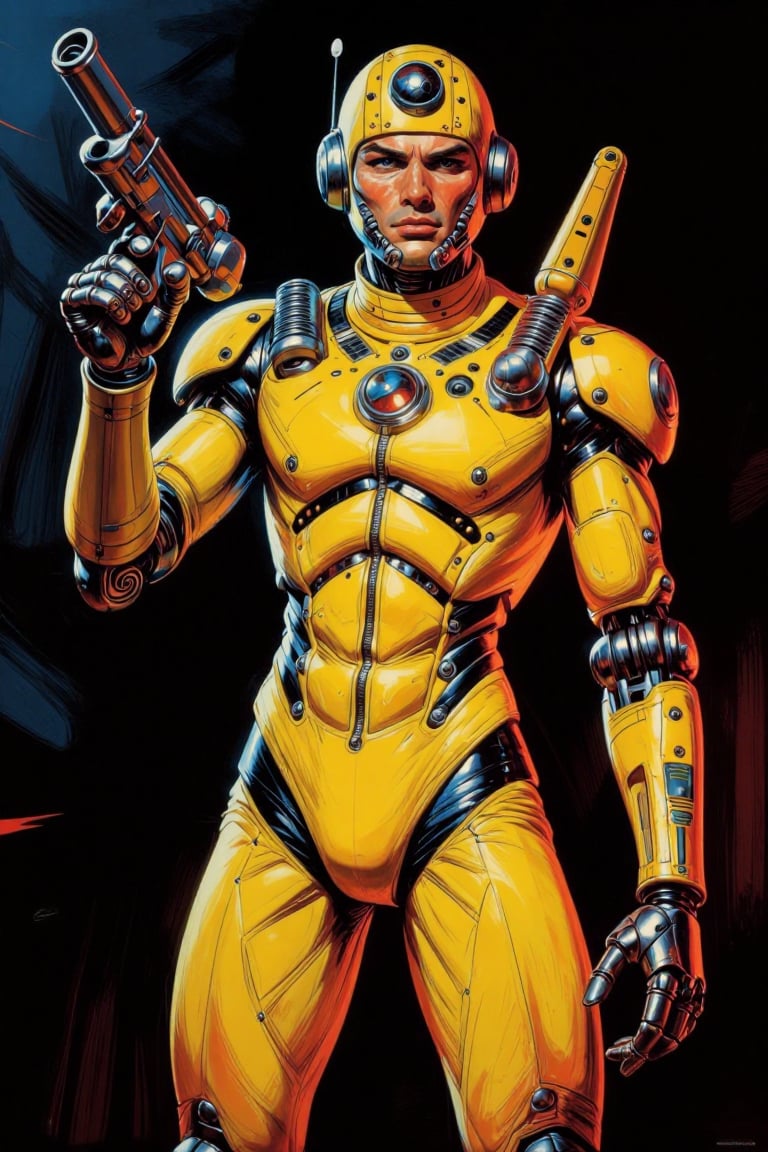 The image depicts a futuristic scene featuring a humanoid robot. The robot is dressed in a sleek,  yellow and black bodysu...