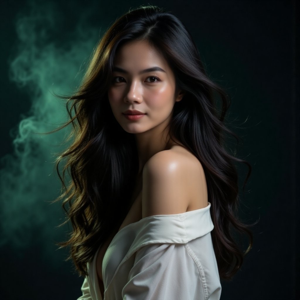 This image is an evocative,  high-definition picture of a breathtaking beautiful model captured in a low-light background....