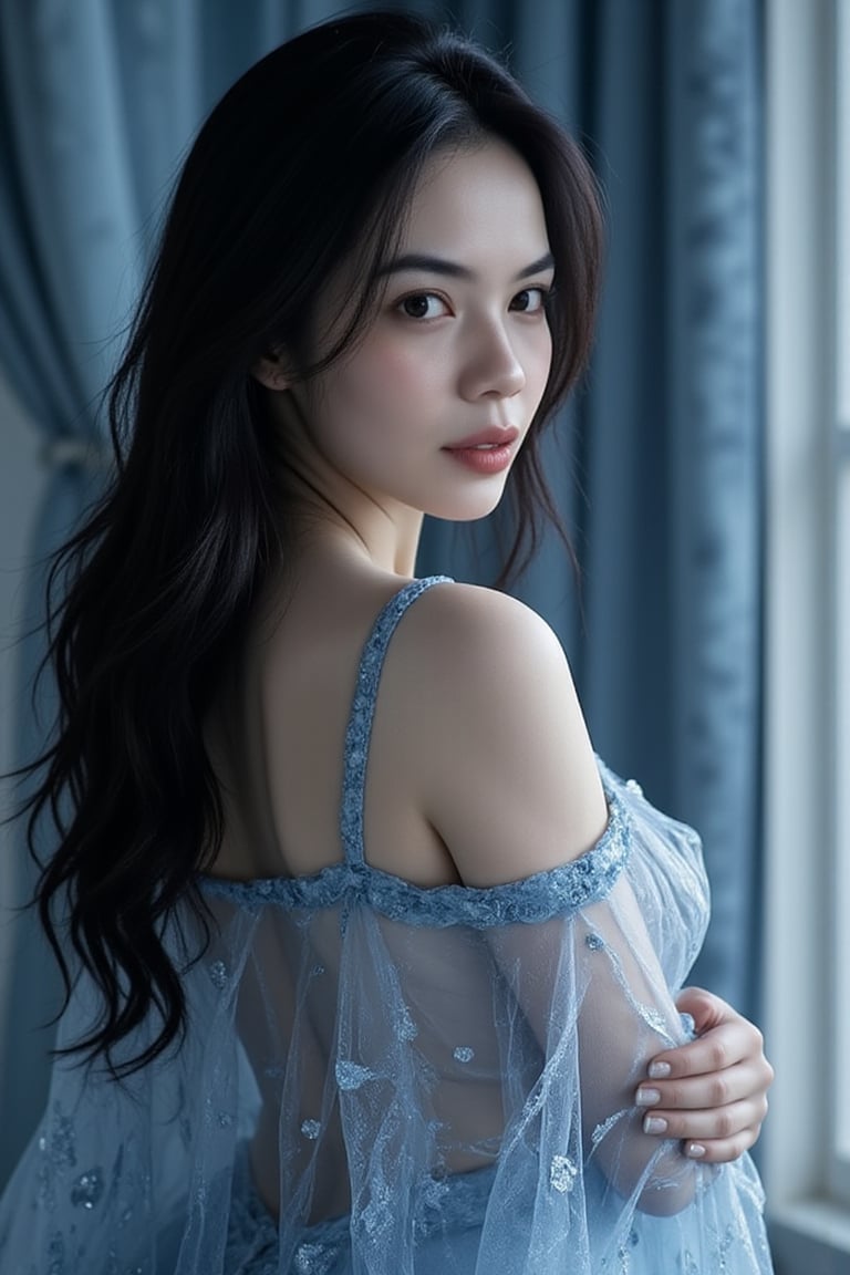 portrait of dark hair woman,  petite physique,  transparent cape by jusTomat on Tensor.Art