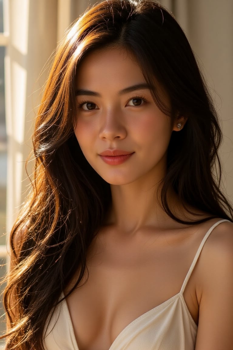 A stunning 20-year-old beautiful woman close-up within the frame,  radiant with elegance. Backlit by warm sunlight,  looki...