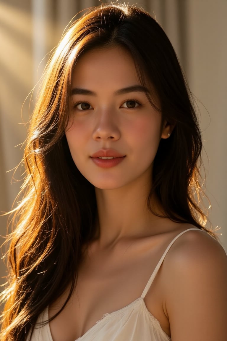 A stunning 20-year-old beautiful woman close-up within the frame,  radiant with elegance. Backlit by warm sunlight,  looki...