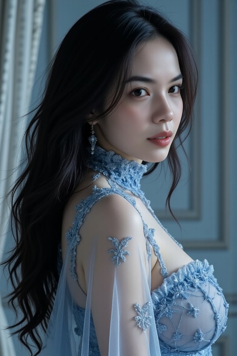 portrait of dark hair woman,  petite physique,  transparent cape by jusTomat on Tensor.Art