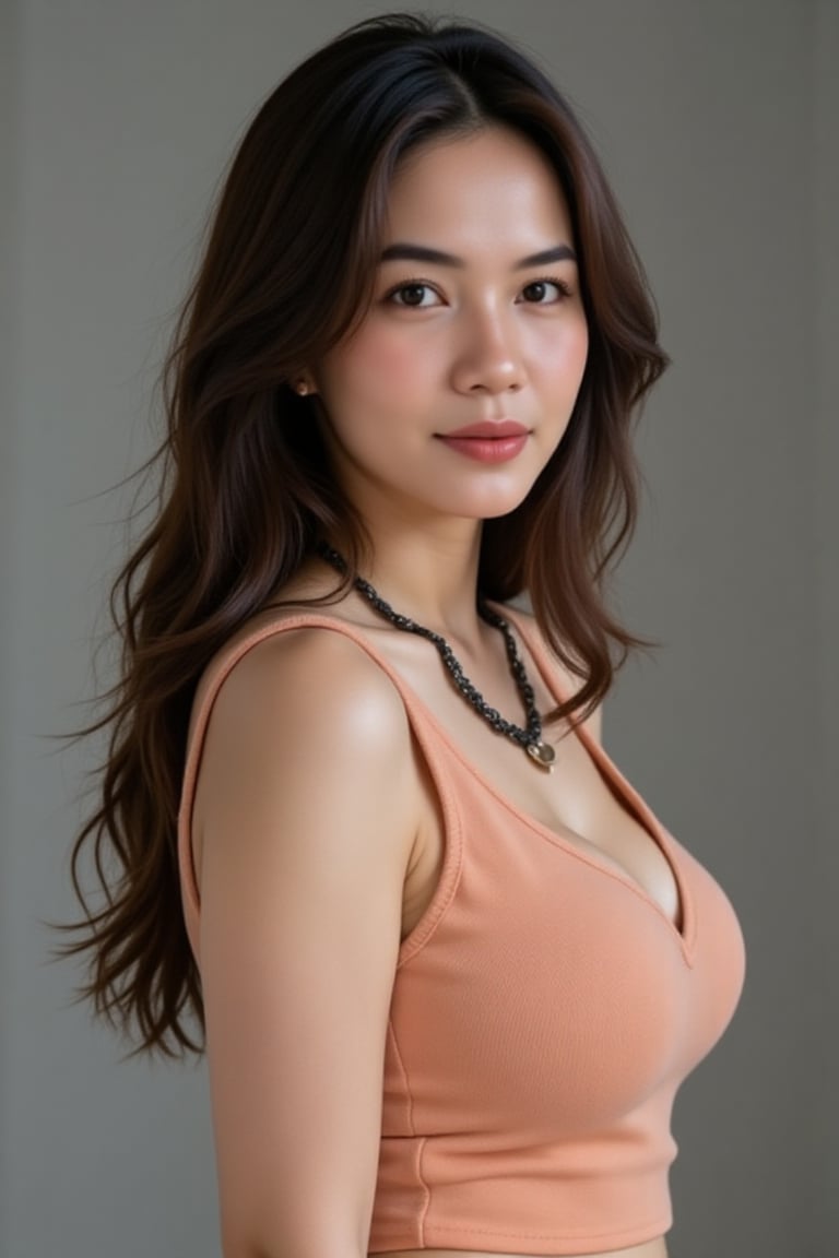 A woman in a peach-colored top posing against a grey wall.,  female,  fair by jusTomat on Tensor.Art