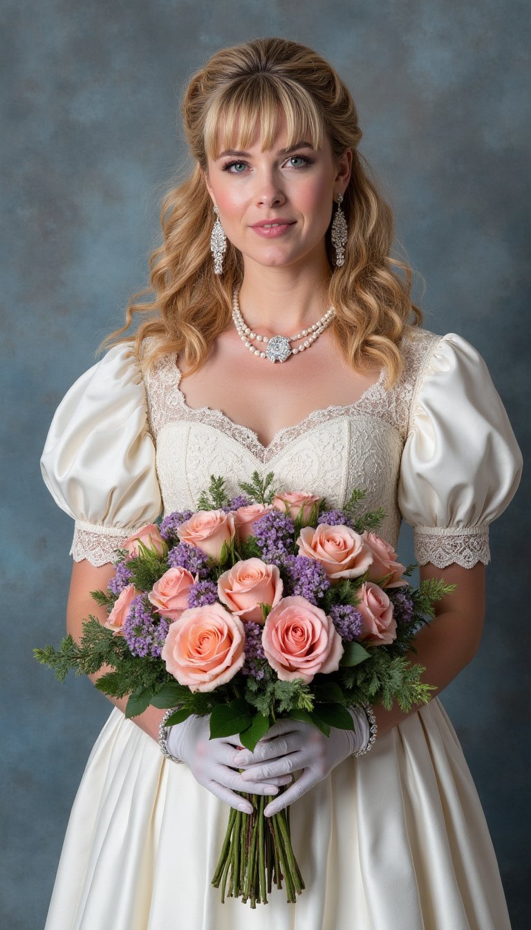 A young woman with blonde curly hair and bangs,  wearing an elaborate white lace and satin gown with puffed sleeves,  stan...