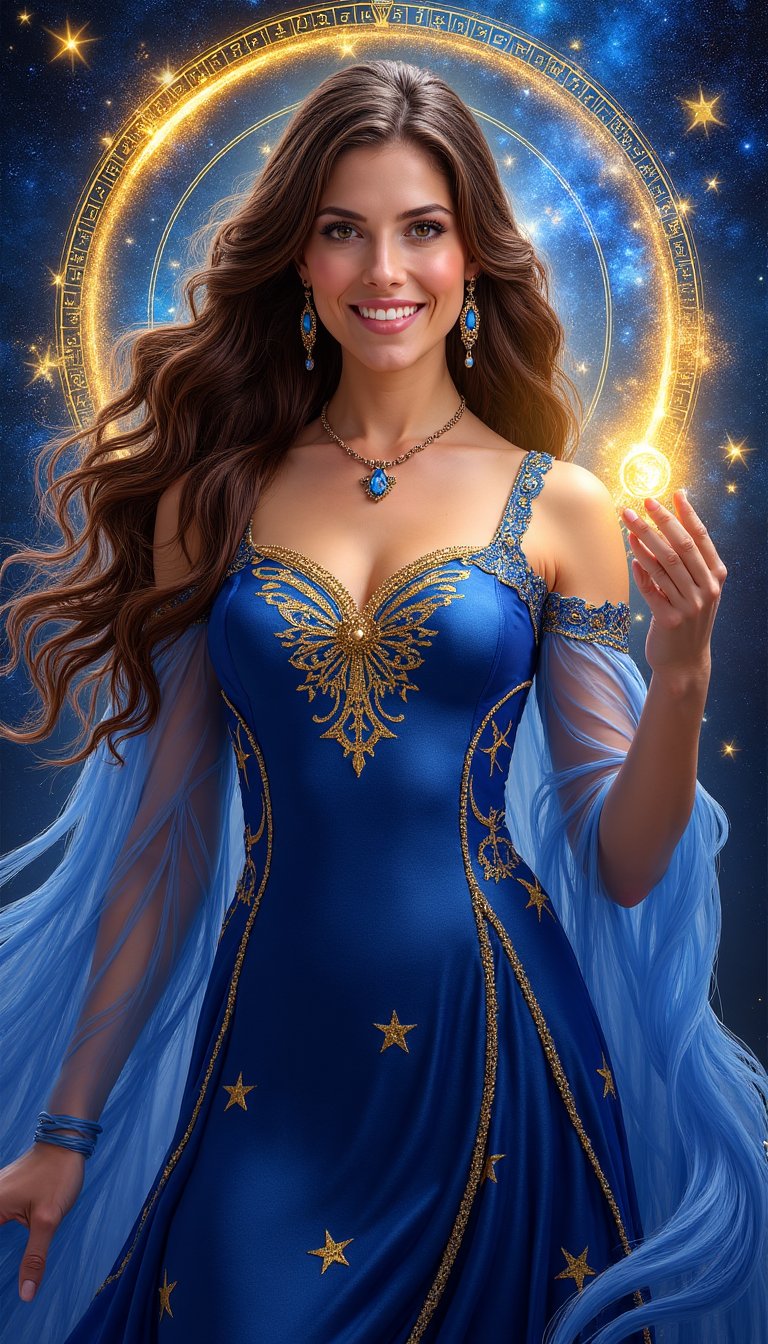 Luminous celestial sorceress fantasy portrait,  beautiful woman with warm brown eyes and confident smile,  long wavy brune...