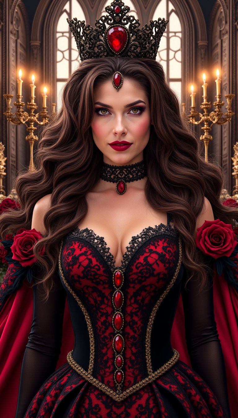Dark gothic fantasy queen portrait,  beautiful confident woman with warm brown eyes,  mysterious smile by VisionBlue on Te...