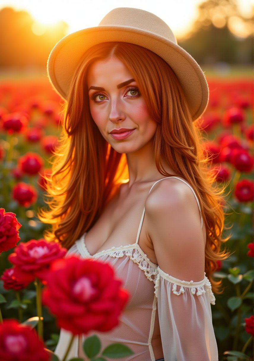 Impressive reddish woman posing in field of red roses,  during a sunset with sun rays. She wears a sheer spring outfit wit...