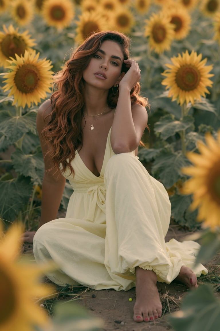 A Latina woman with long wavy hair sitting in a sunflower field,  wearing a flowy cream dress,  barefoot by Azriaelis on T...