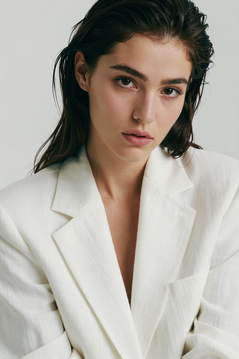 A 28-year-old woman with sharp cheekbones and deep brown eyes,  wearing an oversized white linen blazer,  soft studio ligh...
