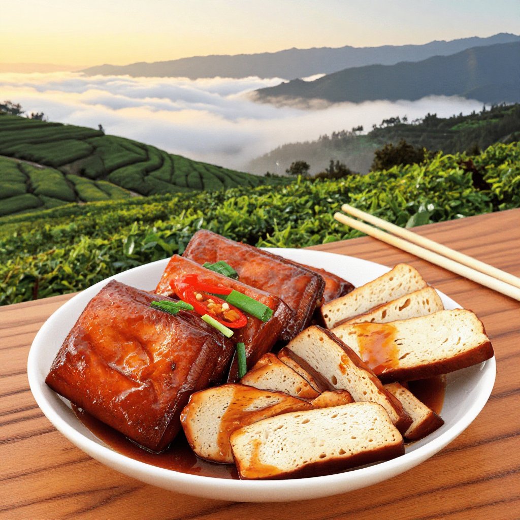 Traditional Taiwanese braised dougan (dried tofu),  authentic Taiwanese street food style,  thick rectangular and square t...