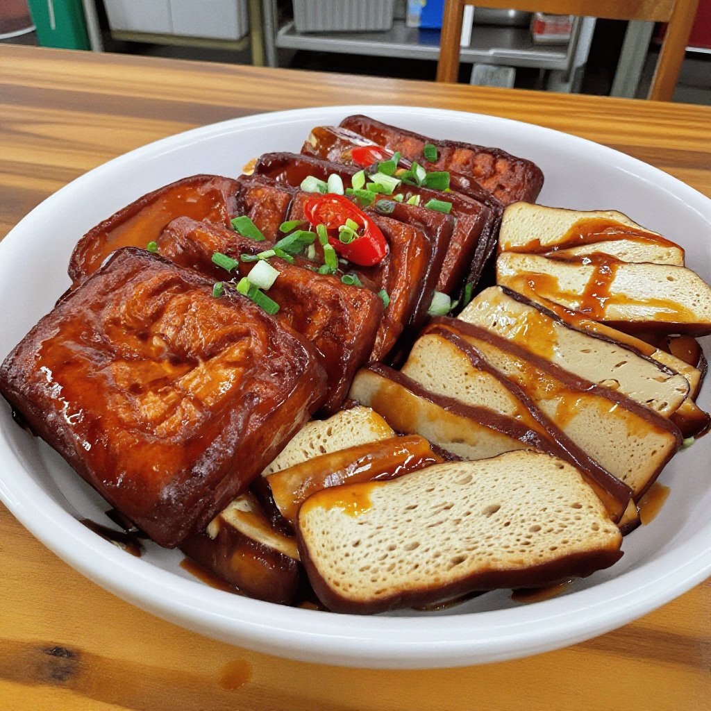 Traditional Taiwanese braised dougan (dried tofu),  authentic Taiwanese street food style,  thick rectangular and square t...
