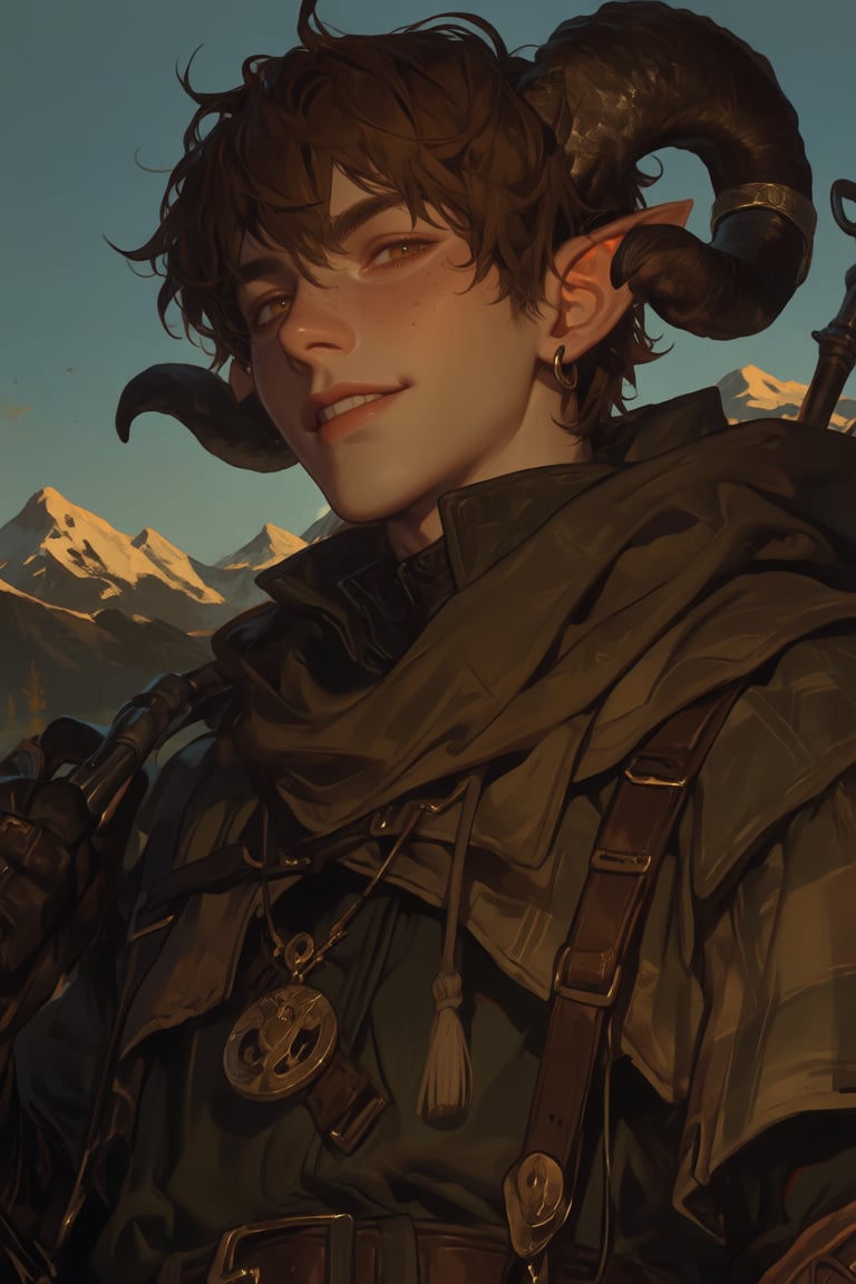 male,  ram_horns,  fluffy_dark_brown_hair by PinkCotton 🎐 on Tensor.Art