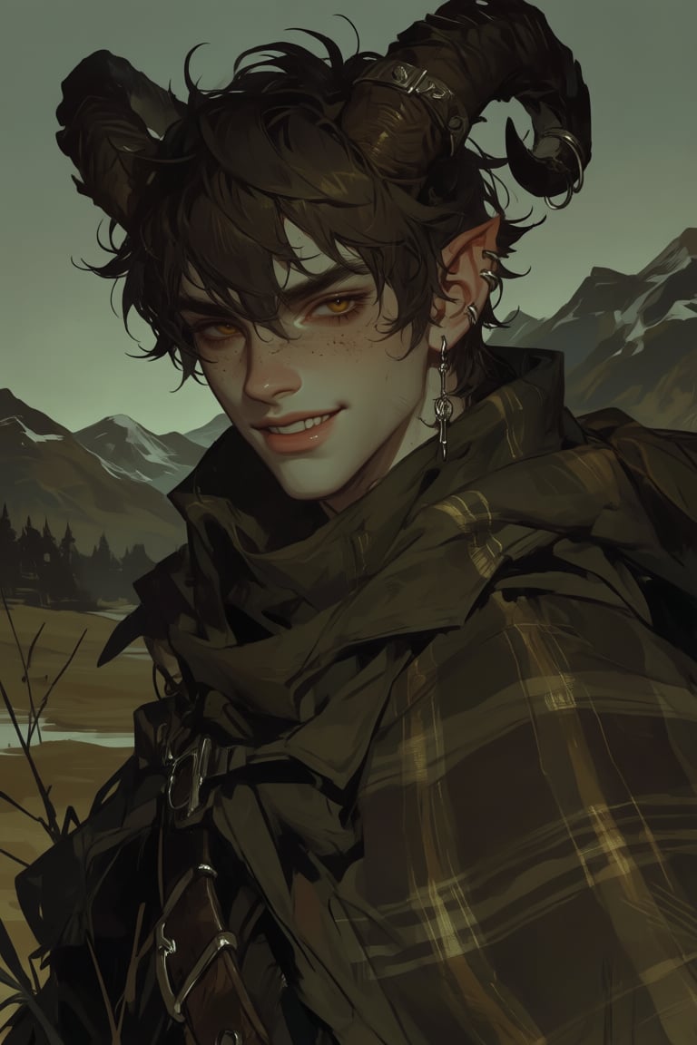 male,  ram_horns,  fluffy_dark_brown_hair by PinkCotton 🎐 on Tensor.Art