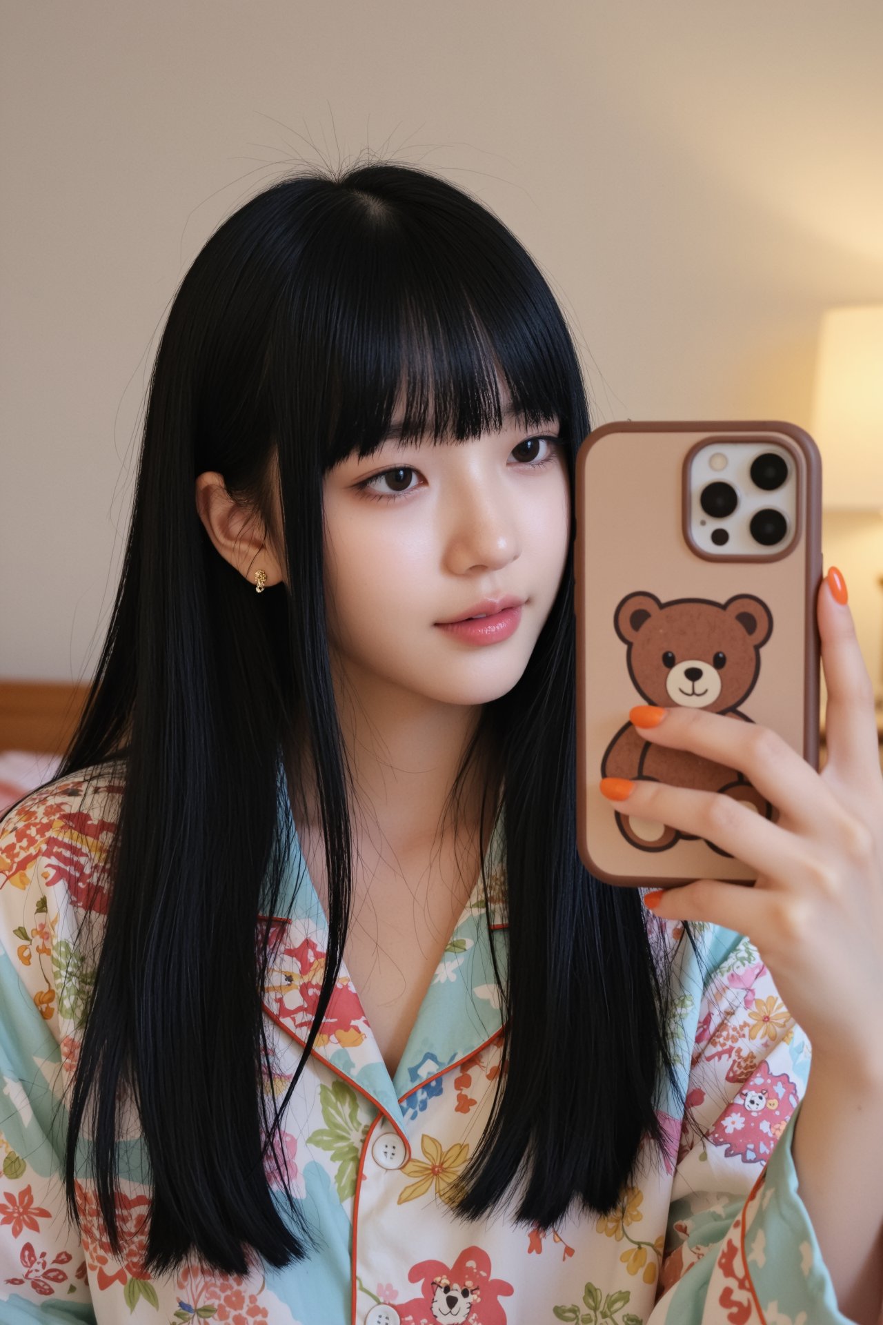主体：一个黑长直空气刘海,  自带清透甜美的少女感气质的东亚美女。 造型：穿着撞色印花丝绸睡衣,  清新又复古；搭配小熊印花手机壳 by RAY3780 on Tensor.Art