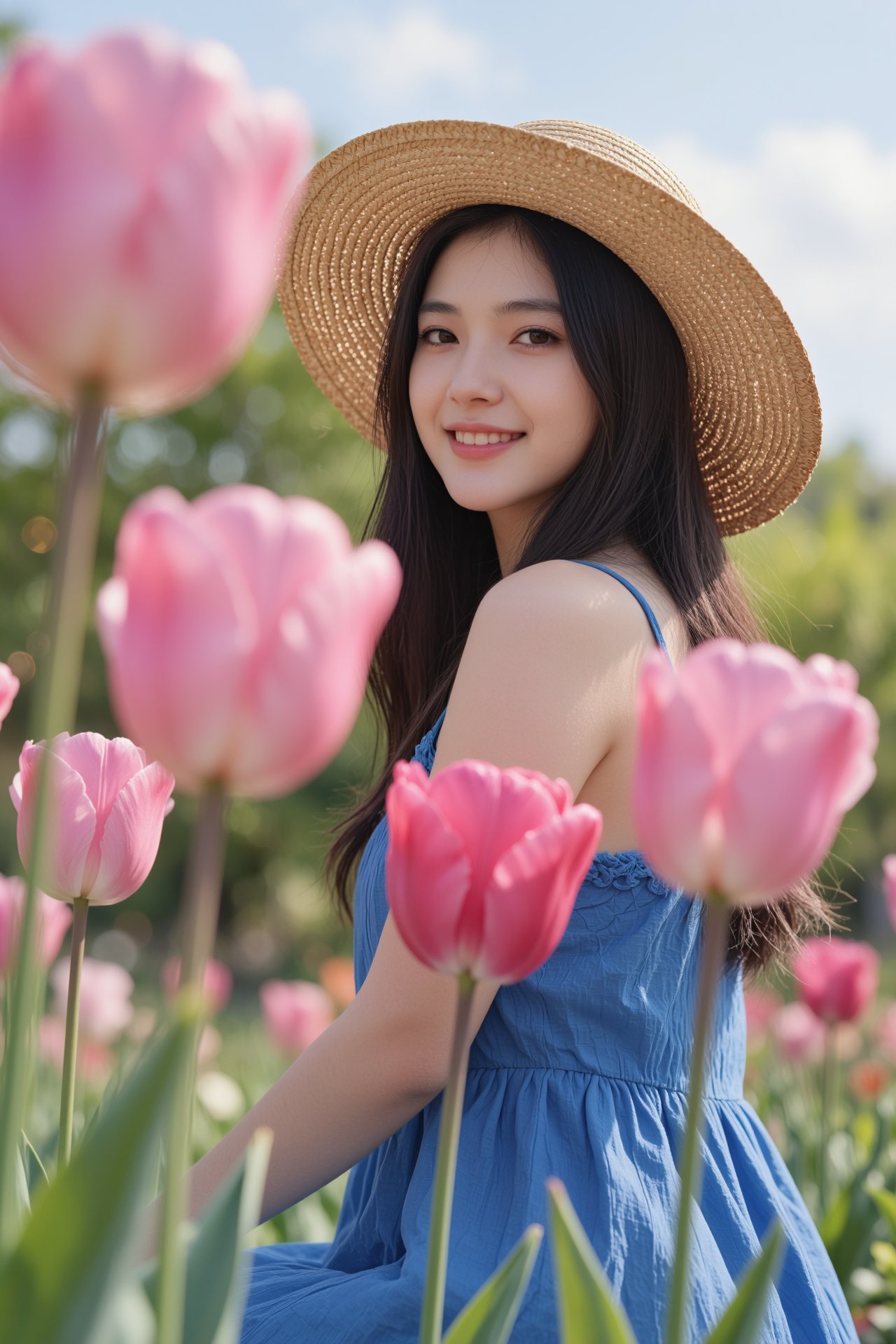 一位年轻女性站在盛开的粉色郁金香花田中,  她戴着一顶宽边草帽,  深色长发自然垂落 by RAY3780 on Tensor.Art