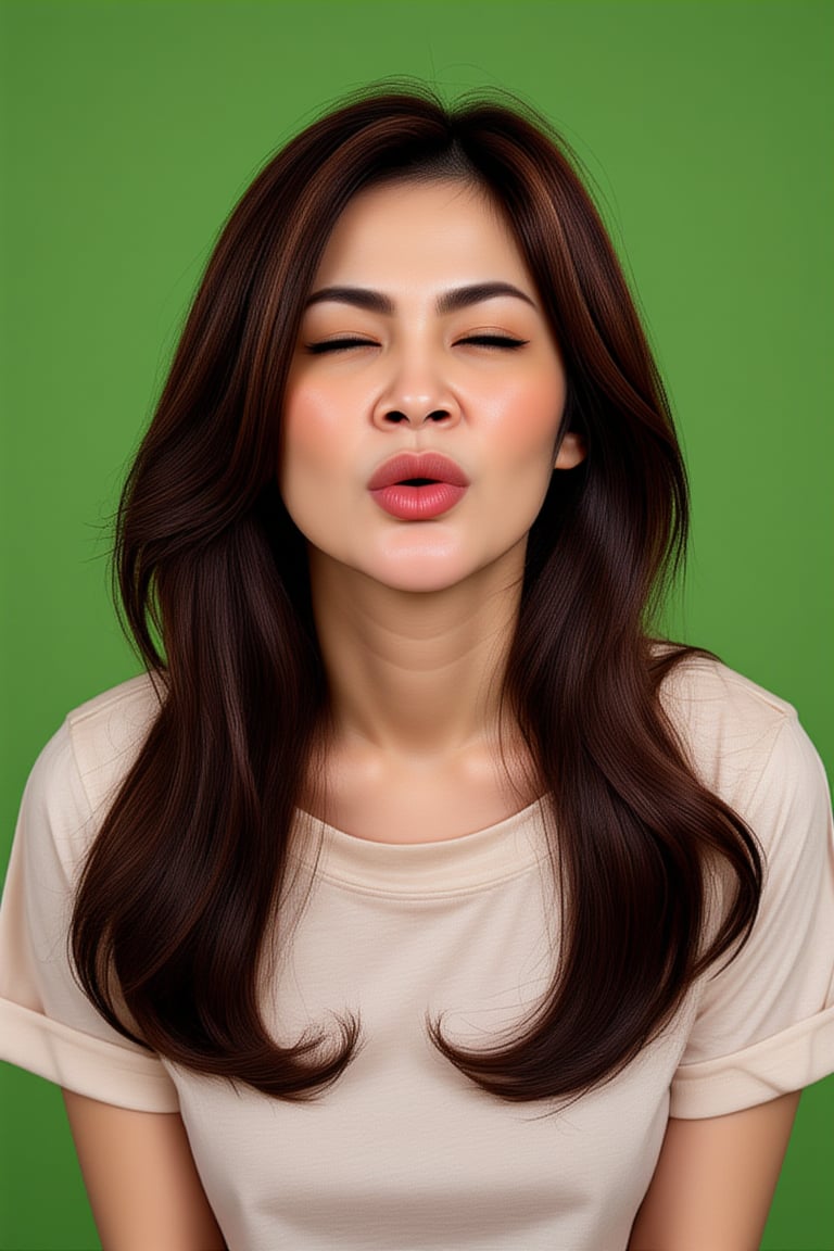 A photograph of a young Asian woman with long straight dark brown hair fair skin and closed eyes puckering her lips as if...