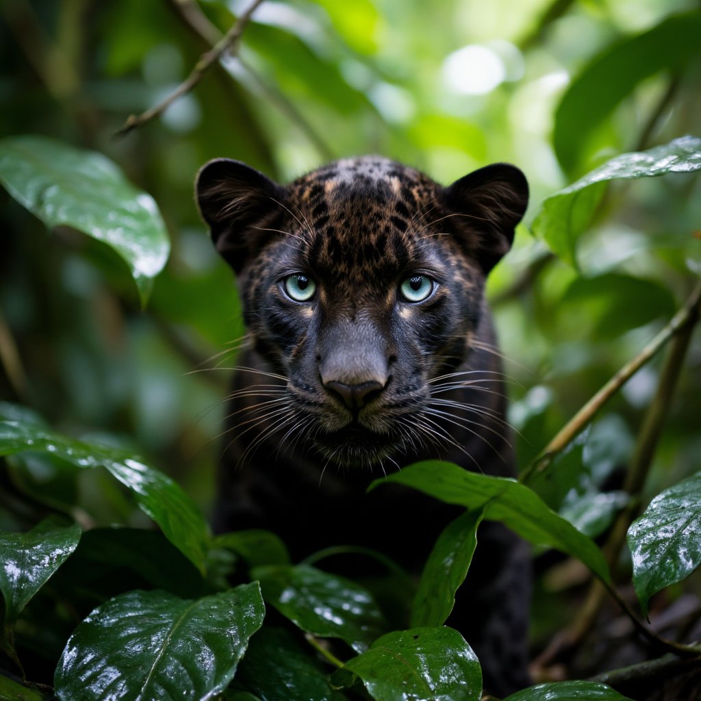 A BBC Earth style wildlife photograph of a tiny melanistic leopard cub nestled among the wet,  dense green foliage of a tr...