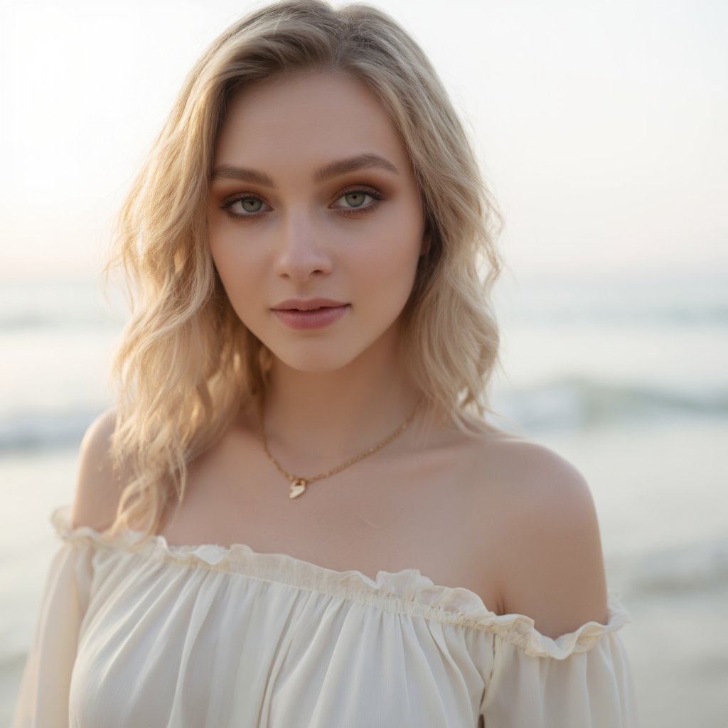 A raw,  soft-focus portrait of a woman with an oval face,  medium blonde hair with loose beach waves by Rebellion A.I. on...