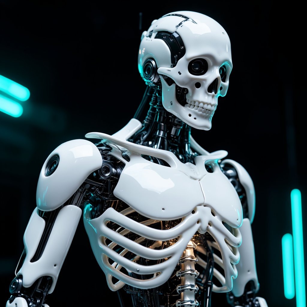 A medium close-up,  three-quarter profile shot of a futuristic cybernetic android skeleton in a dark sci-fi setting. The r...