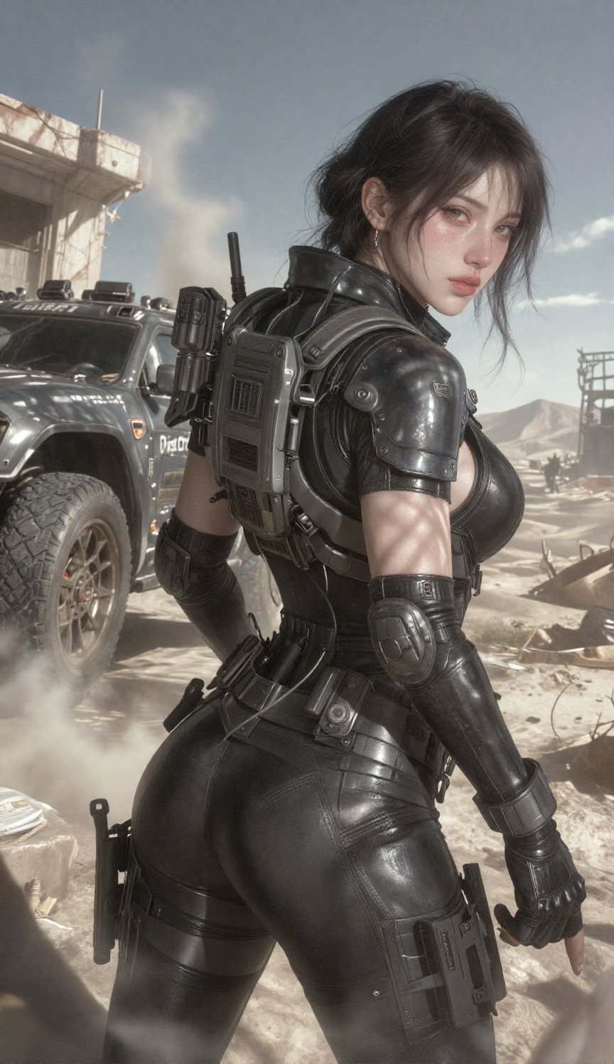 A dynamic half-body shot of a heavily armored cyberpunk warrior girl executing an over-the-shoulder glance,  turning to lo...