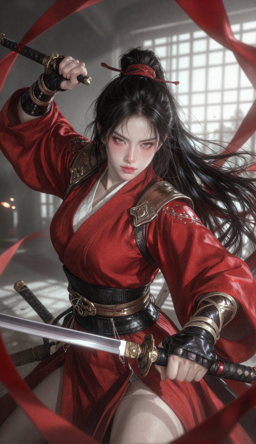 a young woman with a fierce and determined expression,  styled as a fantasy warrior or samurai. She is dressed in a layere...
