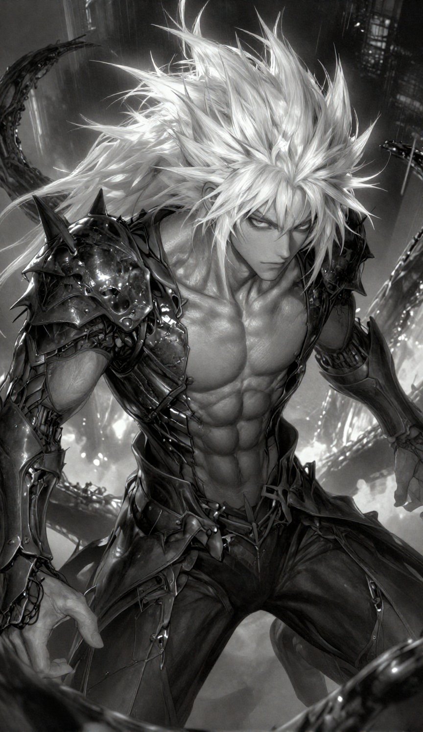 A low-angle,  medium full shot captures this digital anime-style illustration from a dramatic,  slightly tilted perspectiv...