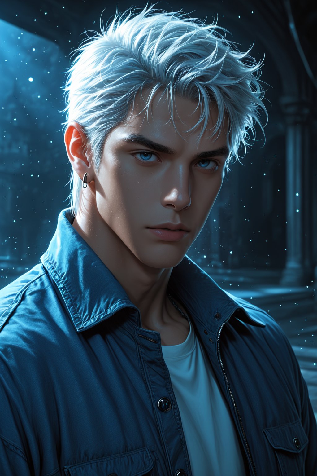 ........... 1 men,  solo looking at viewer short hair bangs blue eyes shirt 1boy jewelry jacket white shirt upper body whi...