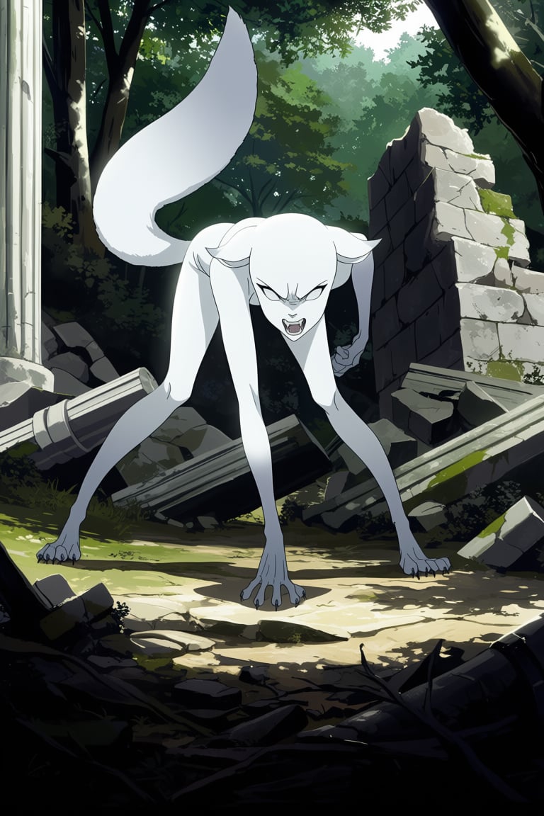 Anime screencap ,  a girl with long gradient hair that transitions from black to white. Girl has black eyes,  fox ears by...