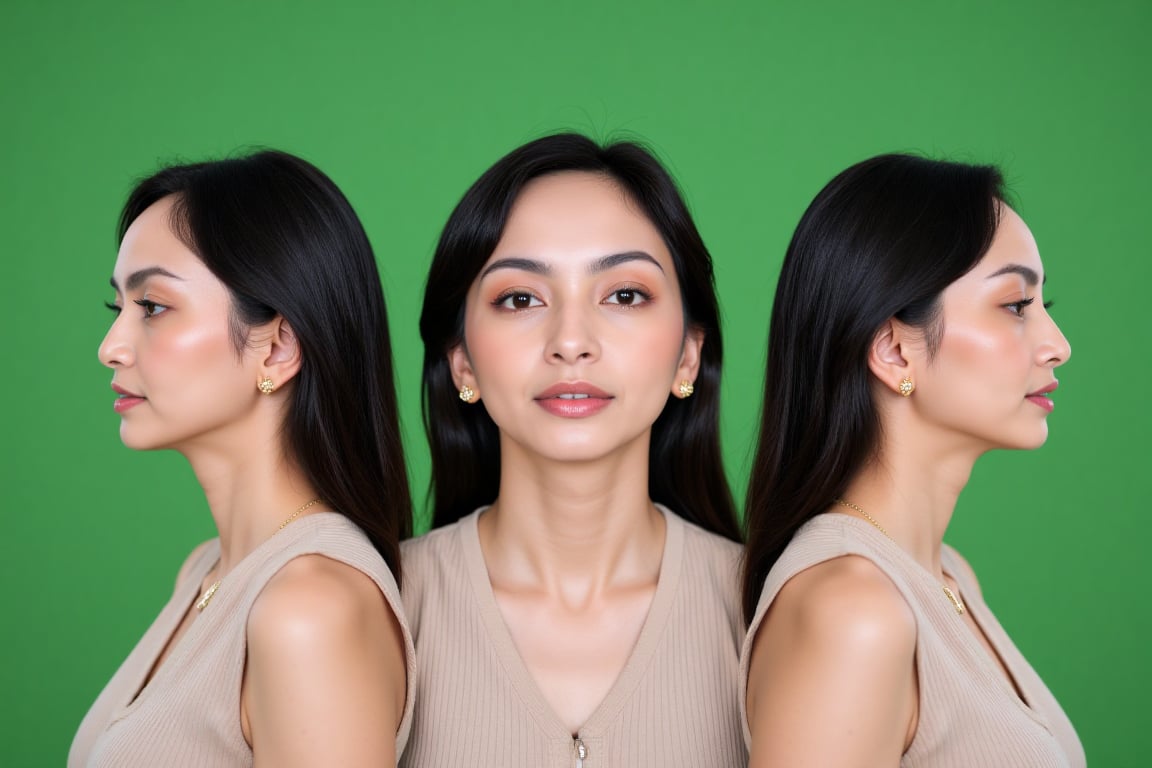 Close-Up: Ultra realistic seamless triptych portrait composition featuring the same woman displayed in three continuous an...