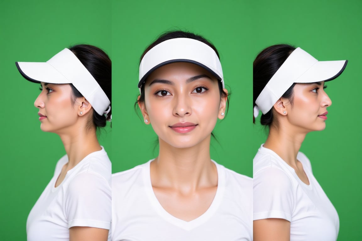 Close-Up: Ultra realistic seamless triptych portrait composition featuring the same woman displayed in three continuous an...