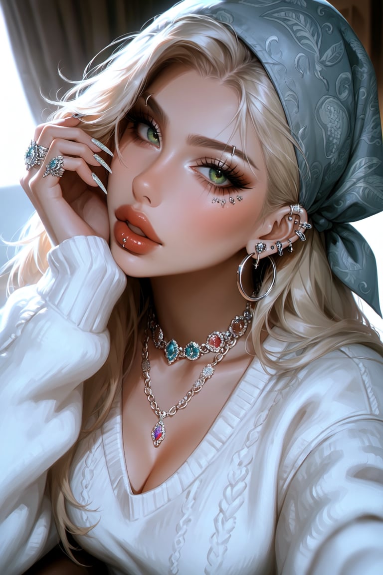 A young woman with long,  platinum blonde hair and striking green eyes,  wearing a white by Nini on Tensor.Art