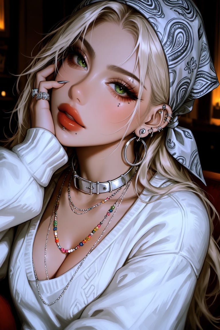 A young woman with long,  platinum blonde hair and striking green eyes,  wearing a white by Nini on Tensor.Art