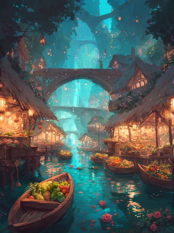 no human,  exterior,  fantasy floating market by MissFidonyo on Tensor.Art