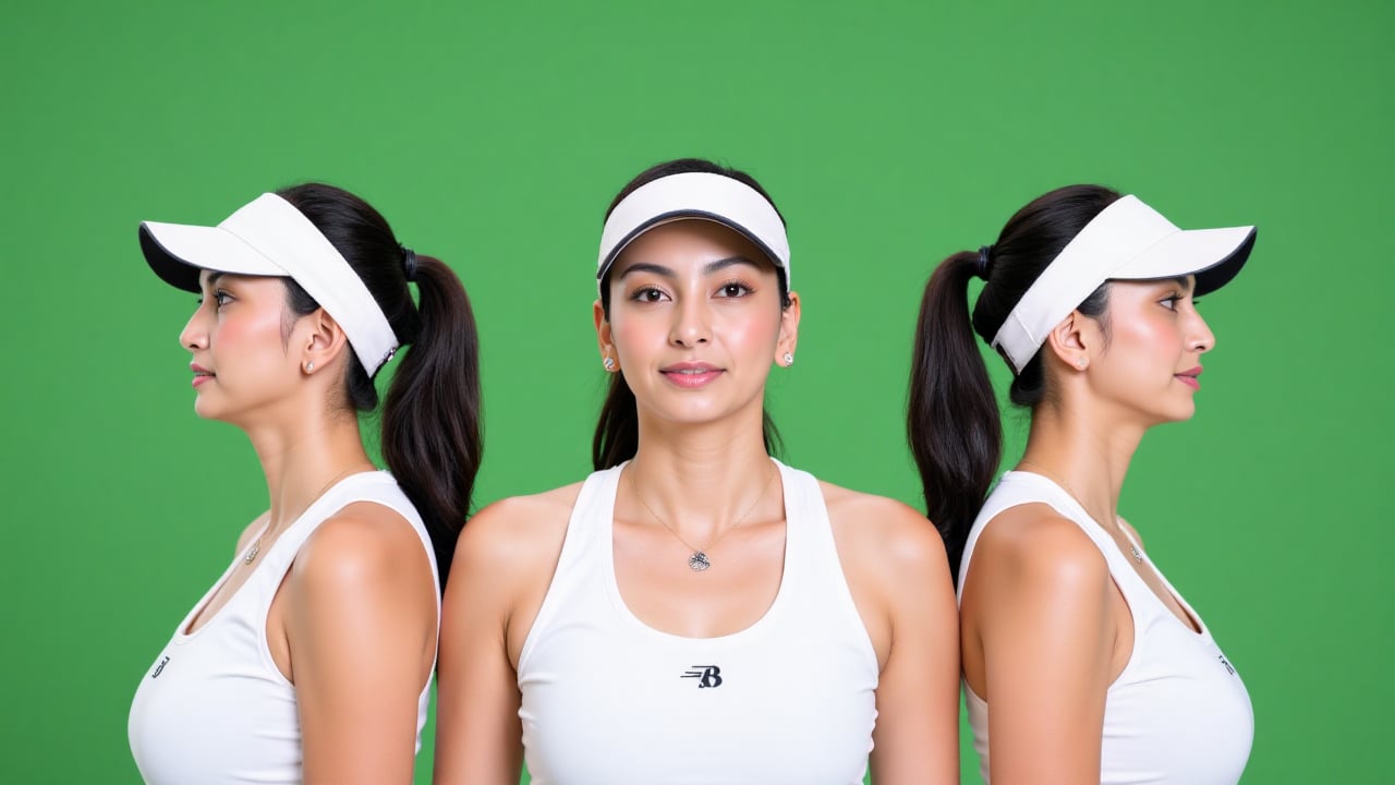 Close-Up: Ultra realistic seamless triptych portrait composition featuring the same woman displayed in three continuous an...