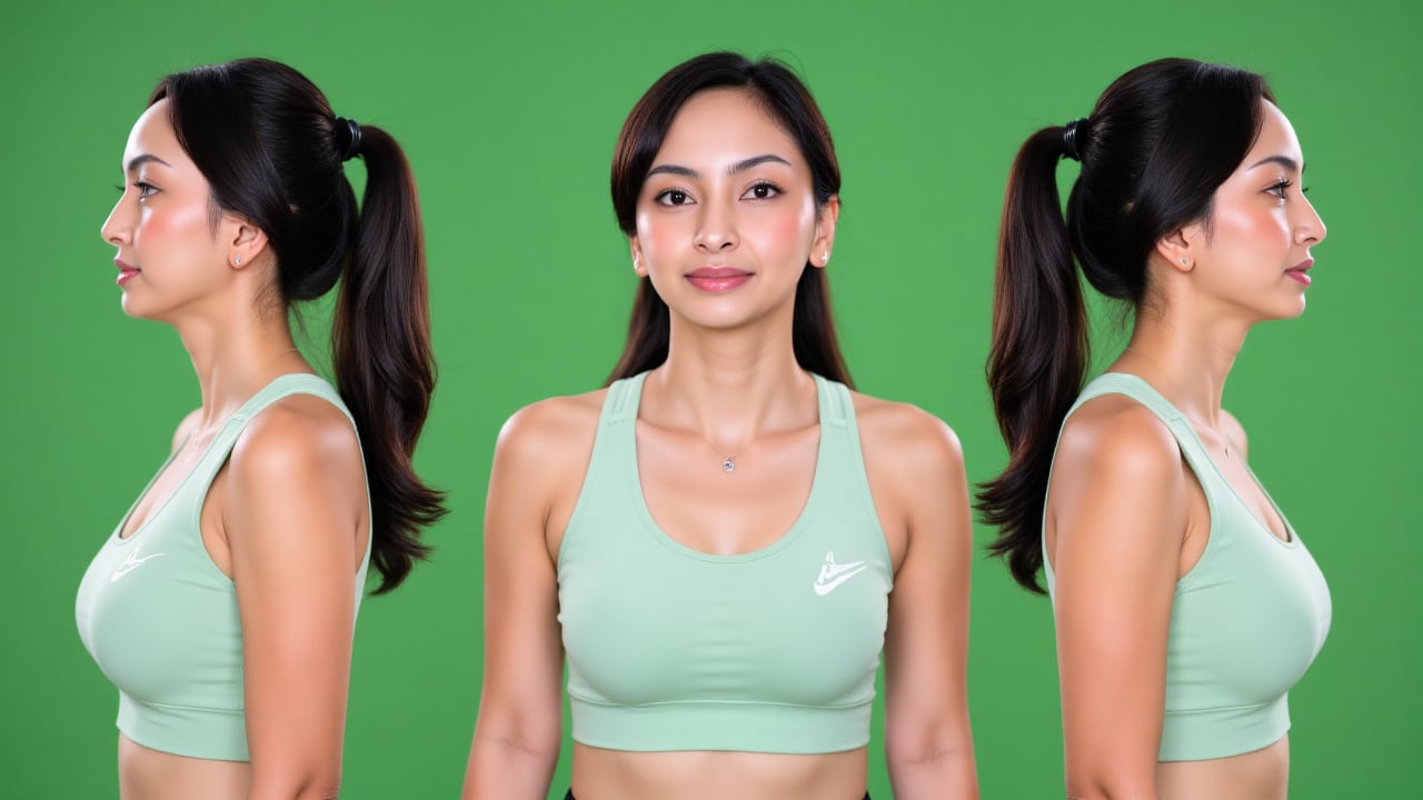 Close-Up: Ultra realistic seamless triptych portrait composition featuring the same woman displayed in three continuous an...