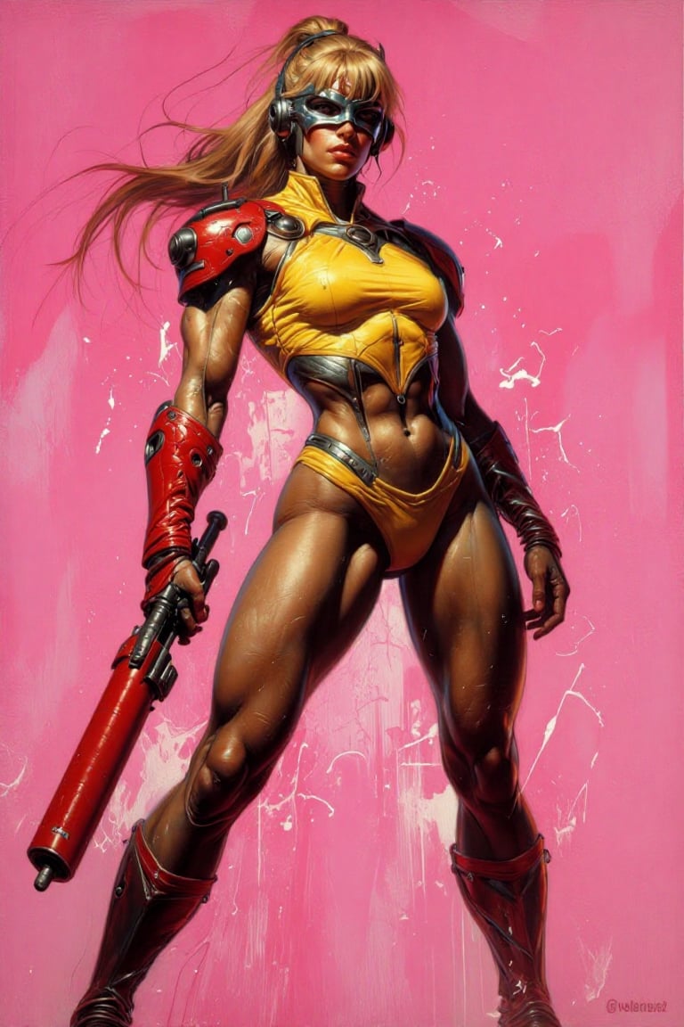 The image depicts a stylized,  futuristic character with a strong,  confident stance. The character is wearing a yellow an...