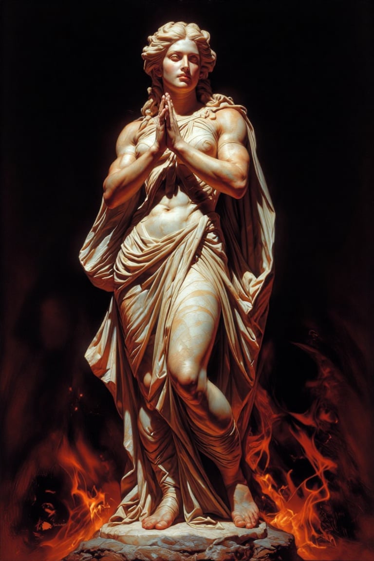 The image depicts a classical marble statue of a woman,  draped in flowing fabric,  with her hands clasped together in fro...