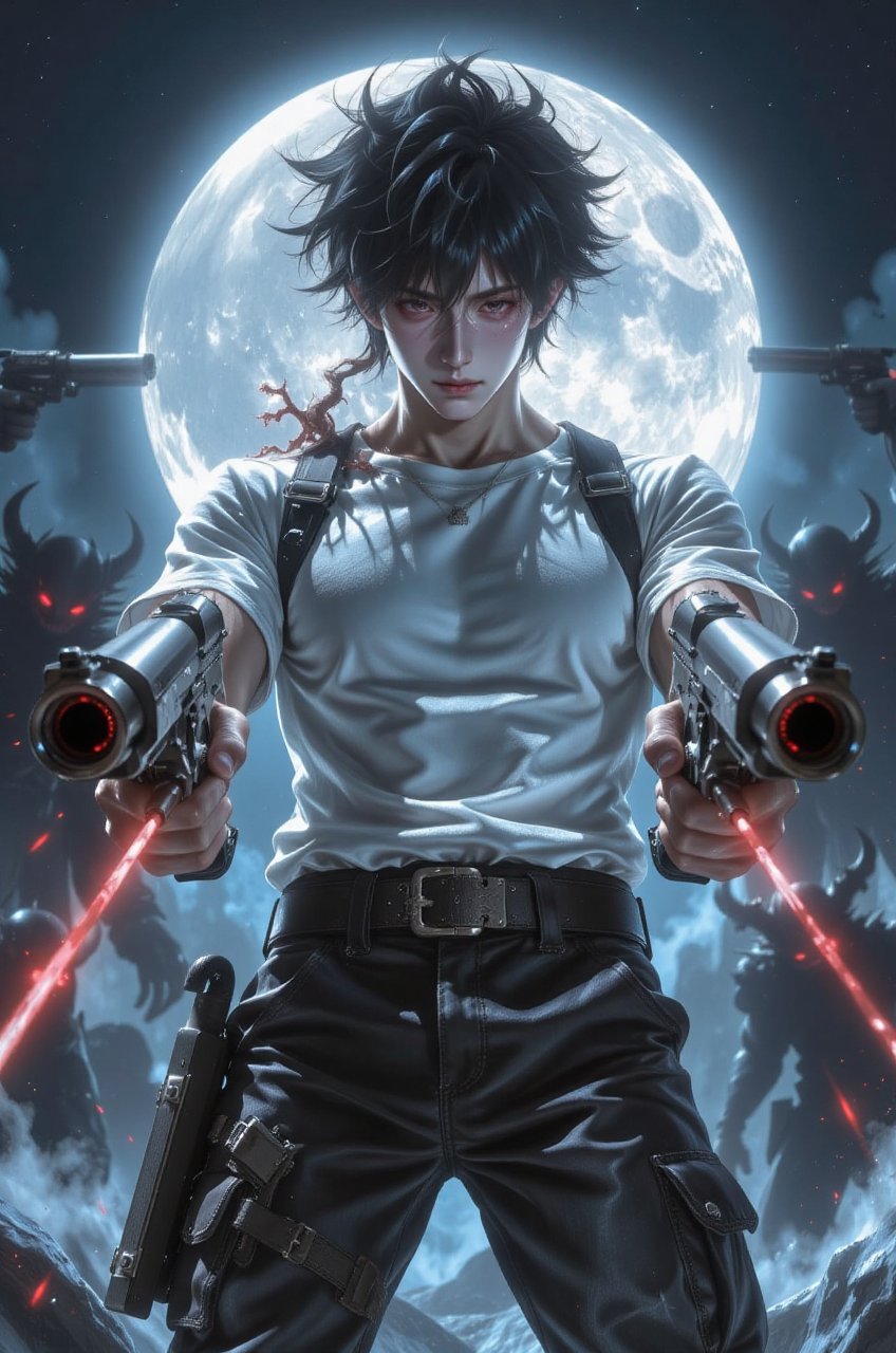 an anime illustration of a fierce male gunslinger captured from a straight-on eye-level camera view angle with a dramatic...