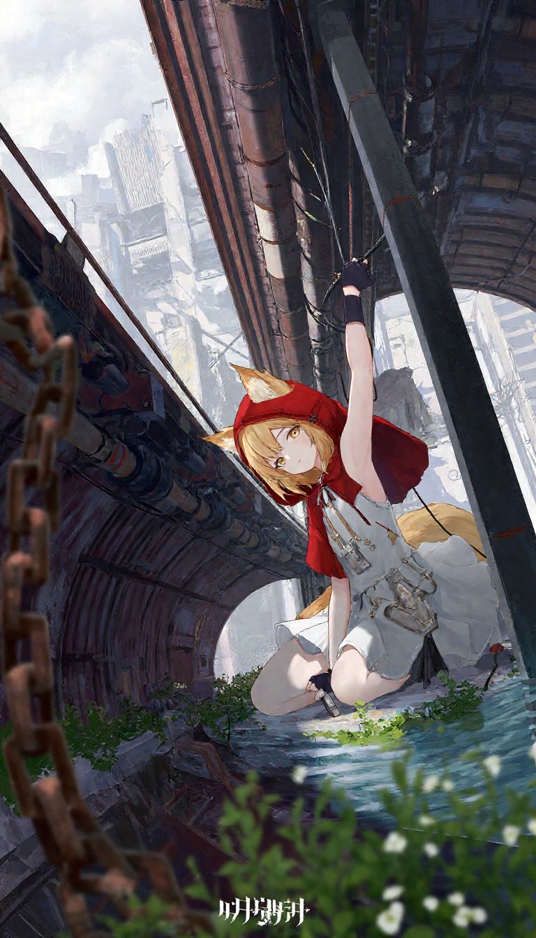 Kneeling ,  the scene displays a young female anime character with blonde hair ,  golden eyes by Adcom on Tensor.Art