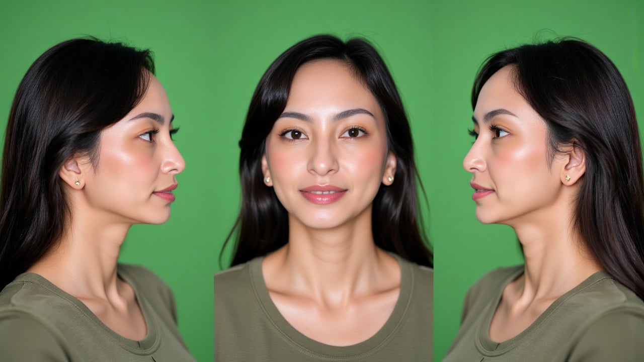 Ultra realistic seamless triptych portrait composition featuring the same woman displayed in three continuous angles acros...