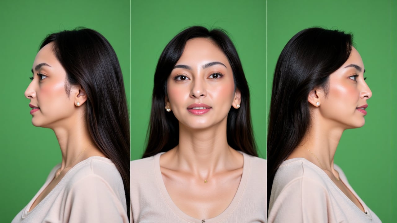 Ultra realistic seamless triptych portrait composition featuring the same woman displayed in three continuous angles acros...