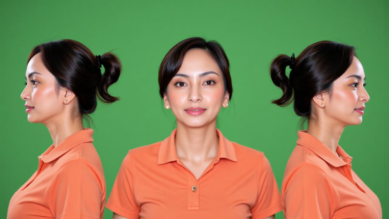 Close-Up: Ultra realistic seamless triptych portrait composition featuring the same woman displayed in three continuous an...