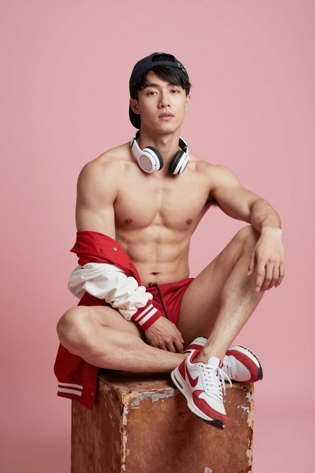 A young Asian man with an athletic,  well-defined physique sits centered on a weathered wooden cube against a solid,  mute...